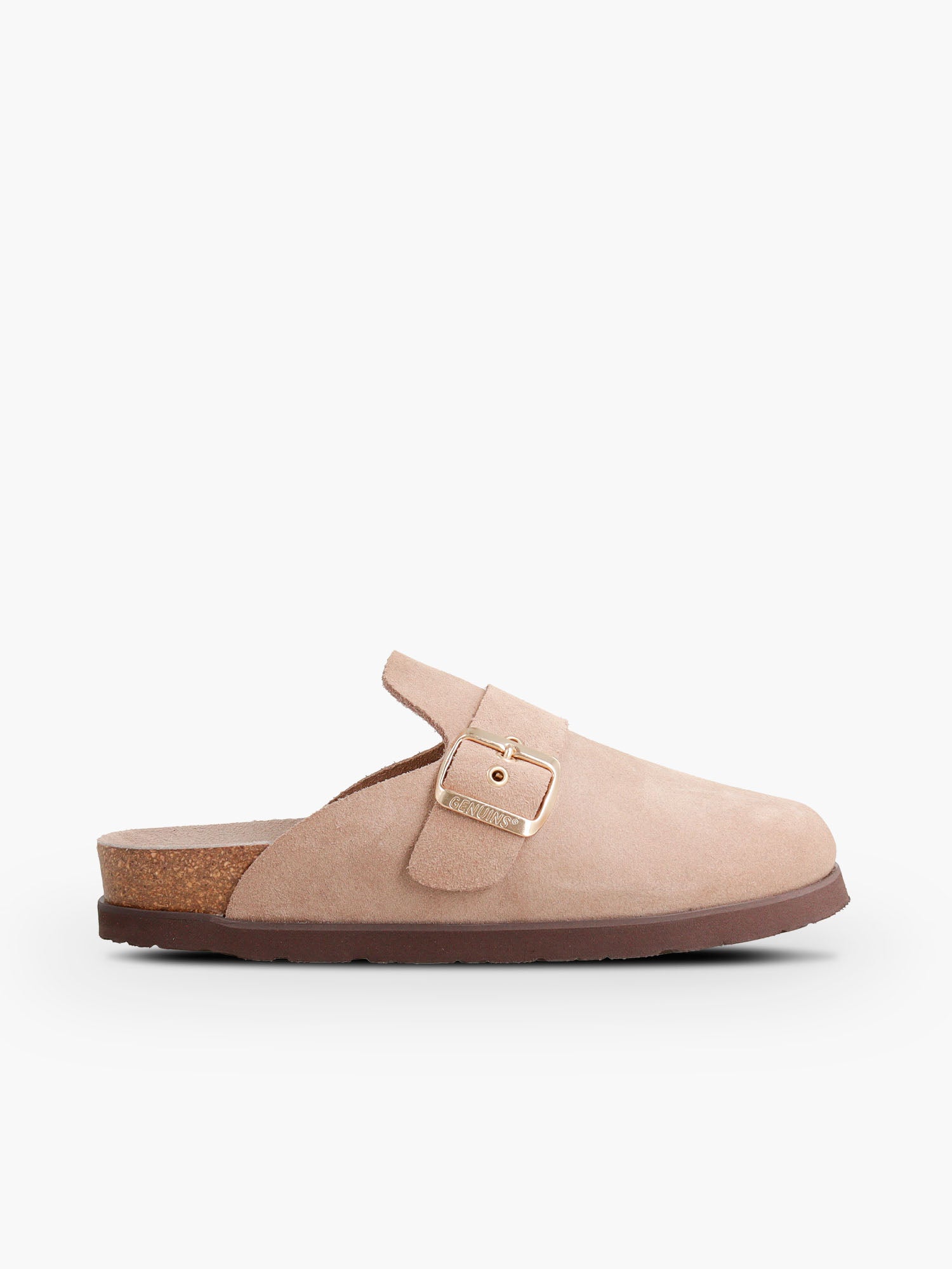 Zueco anatómico de piel serraje taupe con hebilla ajustable, plantilla de corcho y foam   con suela de EVA ligera. Diseñado y fabricado en Elche por Genuins