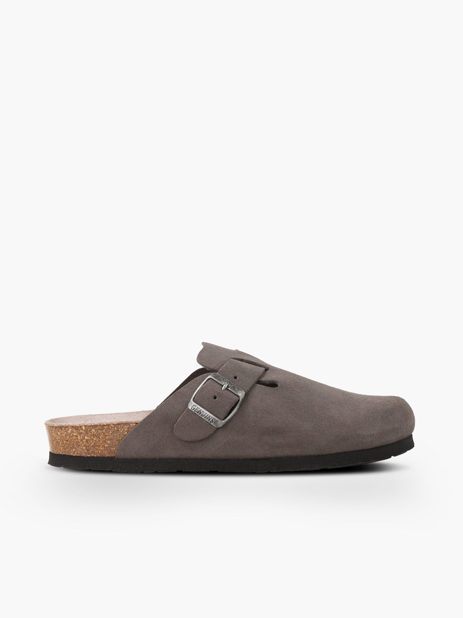 Zueco Genuins Riva  de piel serraje color gris con planta anatómica de caucho corcho y hebilla ajustable metálica para hombre, vista lateral  
