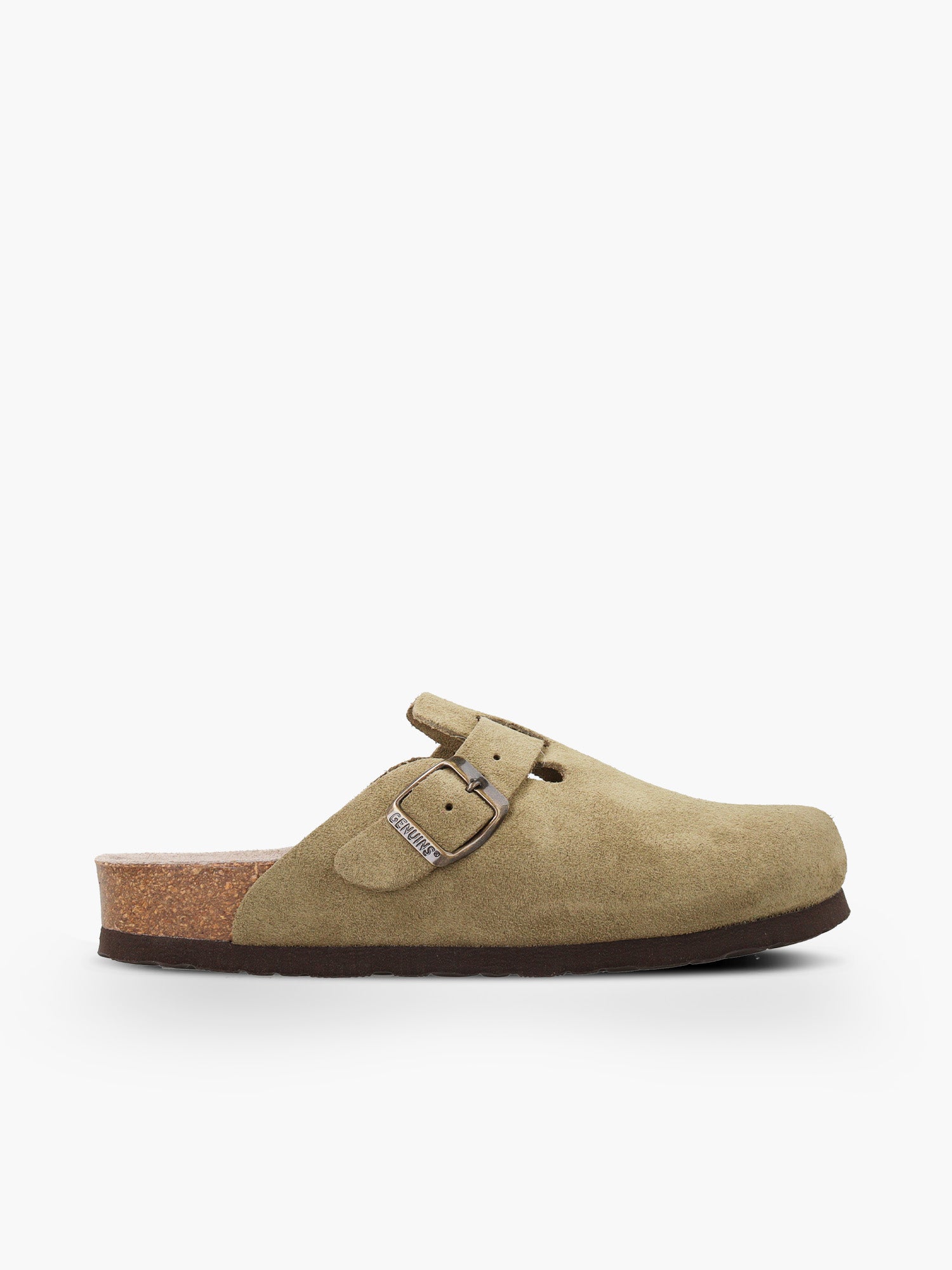 Zueco Genuins Riva  de piel serraje color kaki con planta anatómica de caucho corcho y hebilla ajustable metálica para hombre en vista lateral  