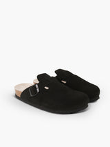 Zueco Genuins Riva  de piel serraje color negro  con planta anatómica de caucho corcho y hebilla ajustable metálica para mujer en vista doble